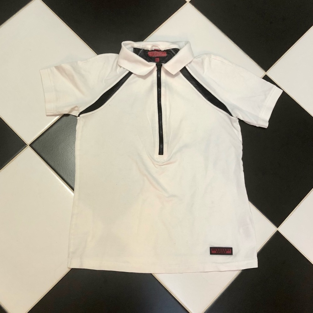 Burberry Sport Short Sleeve White Polo Shirt Black Mesh Golf Preppy Zip Front M